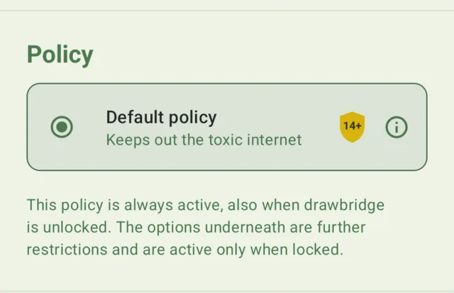 The drawbridge configuration screen, showing Default policy, always active.