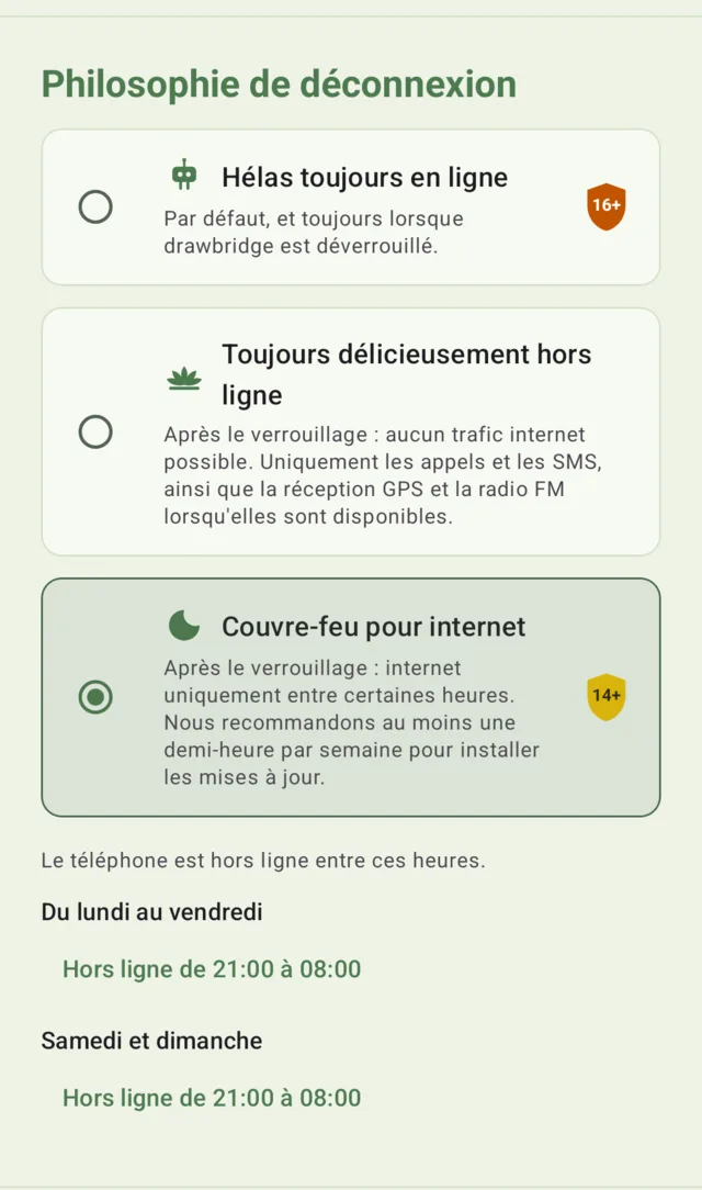 L’écran de configuration de drawbridge, montrant : Philosophie de connexion.