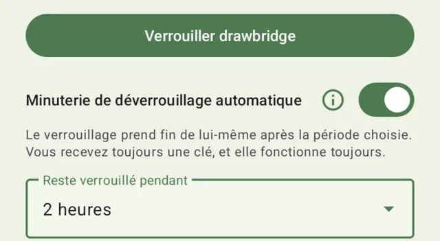 L’écran de configuration de drawbridge, montrant : Verrouillage.