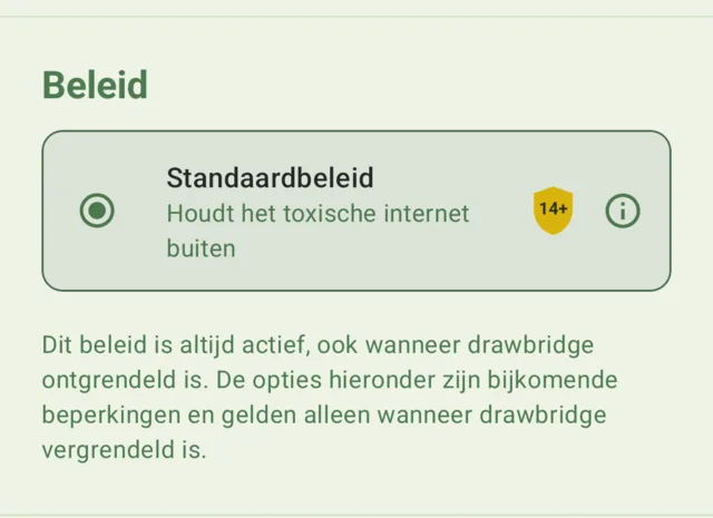 Het configuratiescherm van drawbridge, met Standaardbeleid, altijd actief.