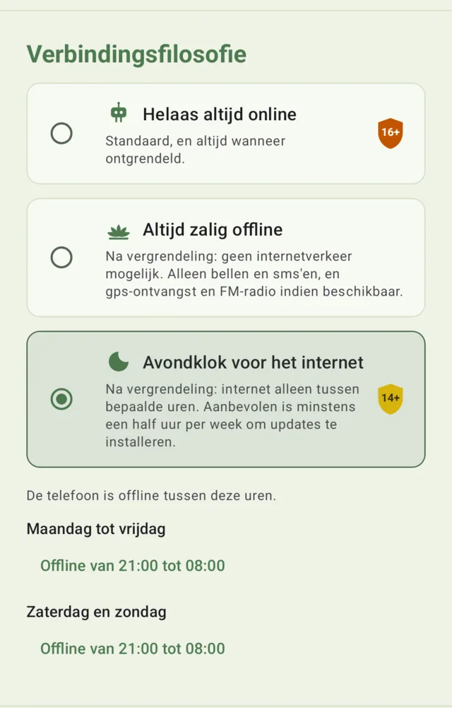 Het configuratiescherm van drawbridge, met Verbindingsfilosofie.