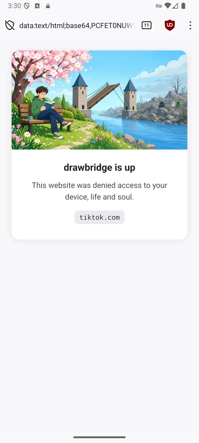 The herald browser showing that tiktok.com was refused, under the drawbridge illustration.