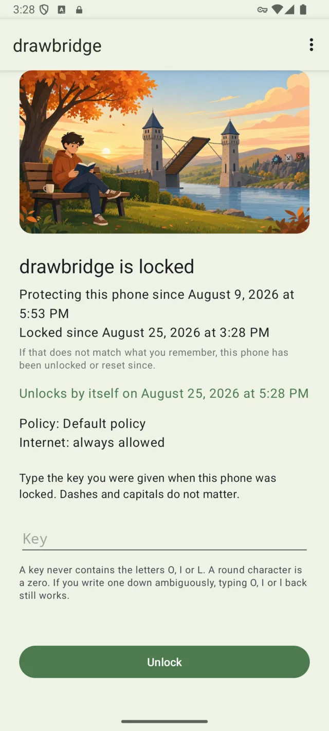 The same app once locked: the dates it has been protecting the phone, and a field for the key.
