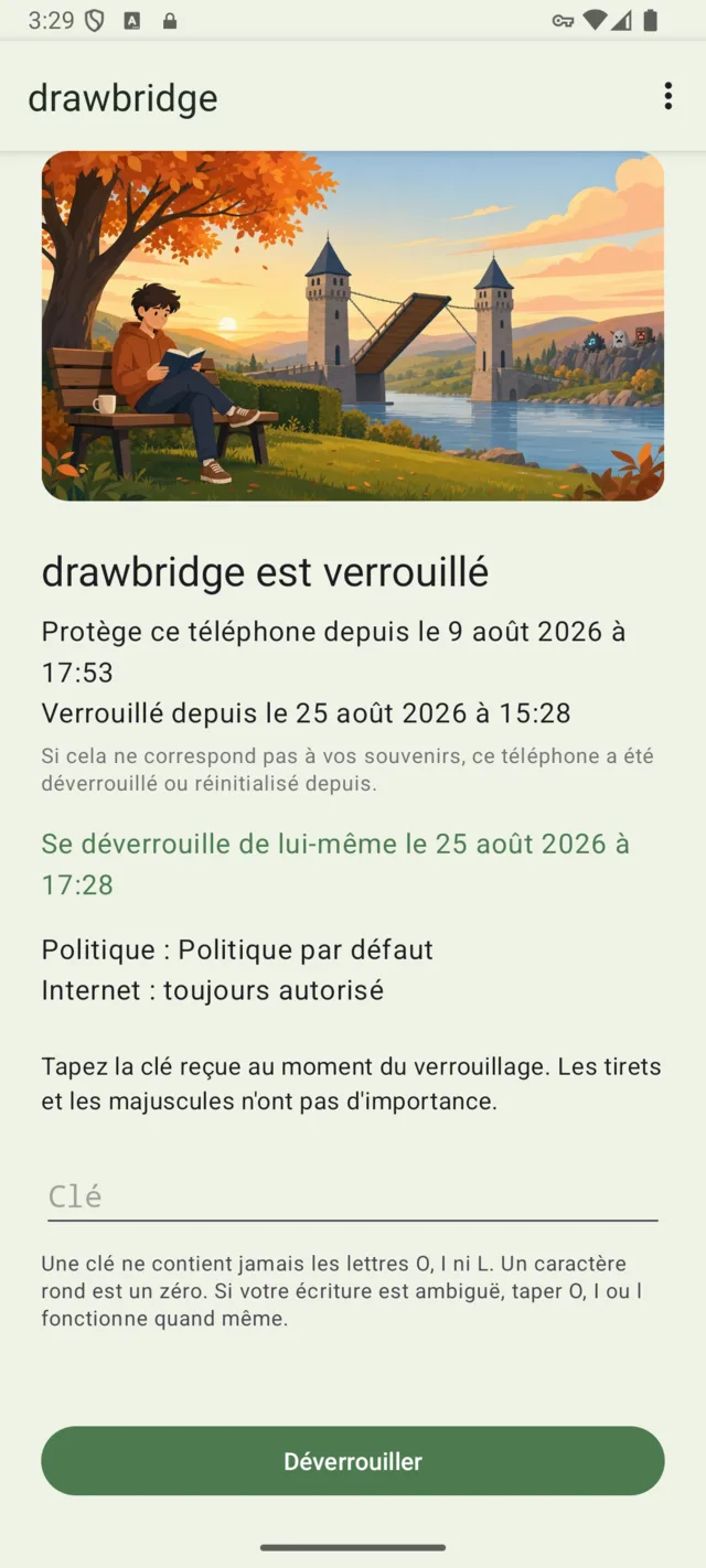 La même application une fois verrouillée : depuis quand elle protège le téléphone, et un champ pour la clé.
