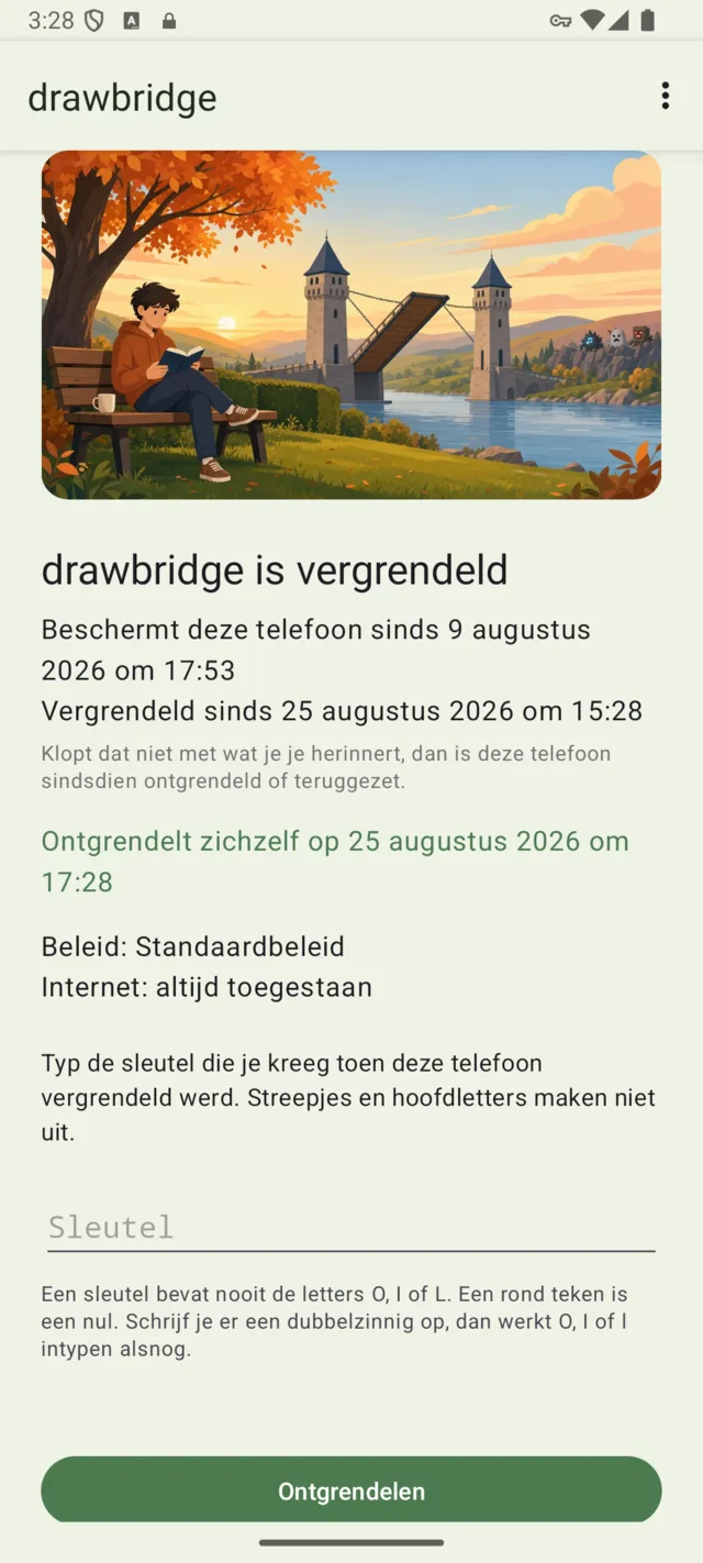 Dezelfde app eenmaal vergrendeld: sinds wanneer ze de telefoon beschermt, en een veld voor de sleutel.