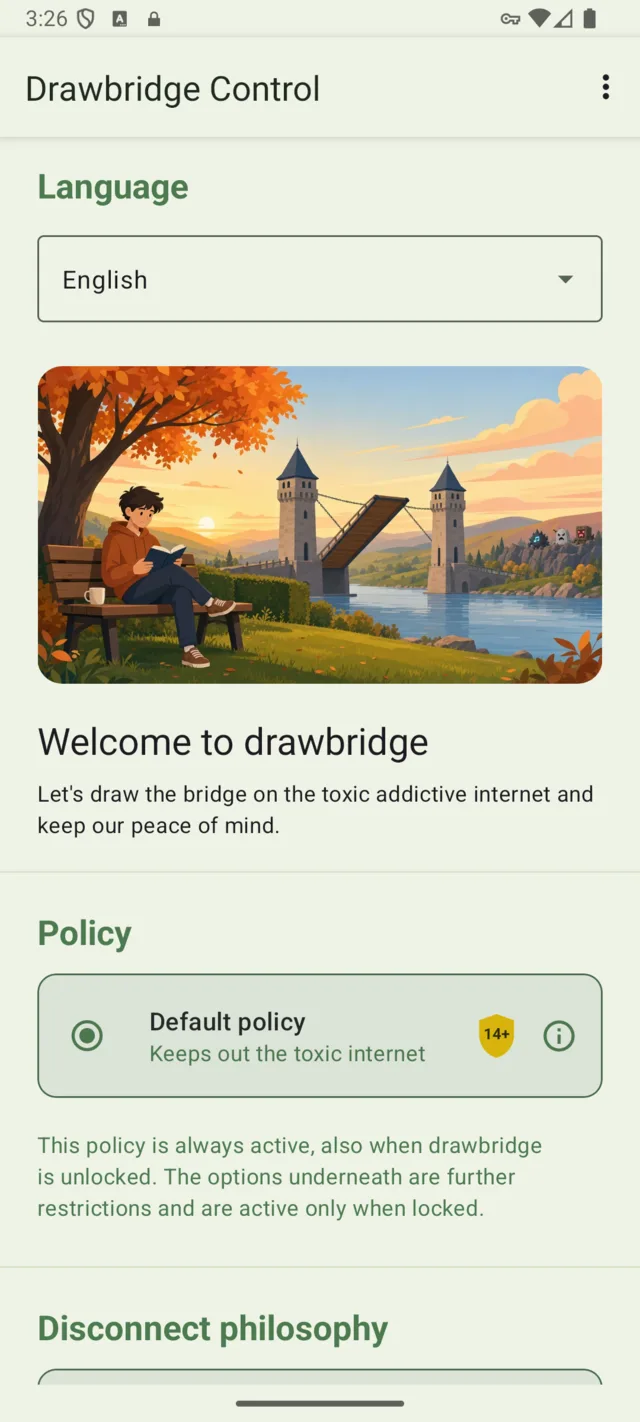 The drawbridge app open on a phone, unlocked, showing the policy and its settings.