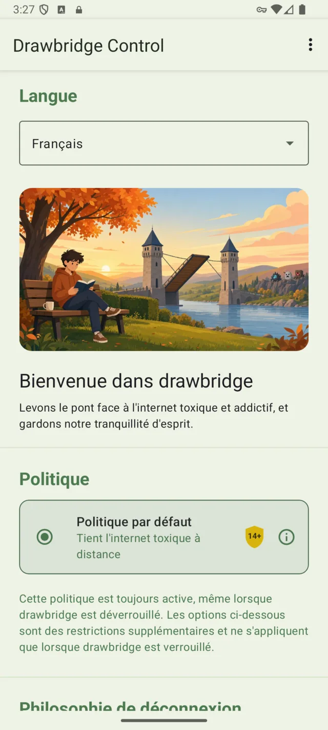 L'application drawbridge ouverte sur un téléphone, déverrouillée, montrant la politique et ses réglages.