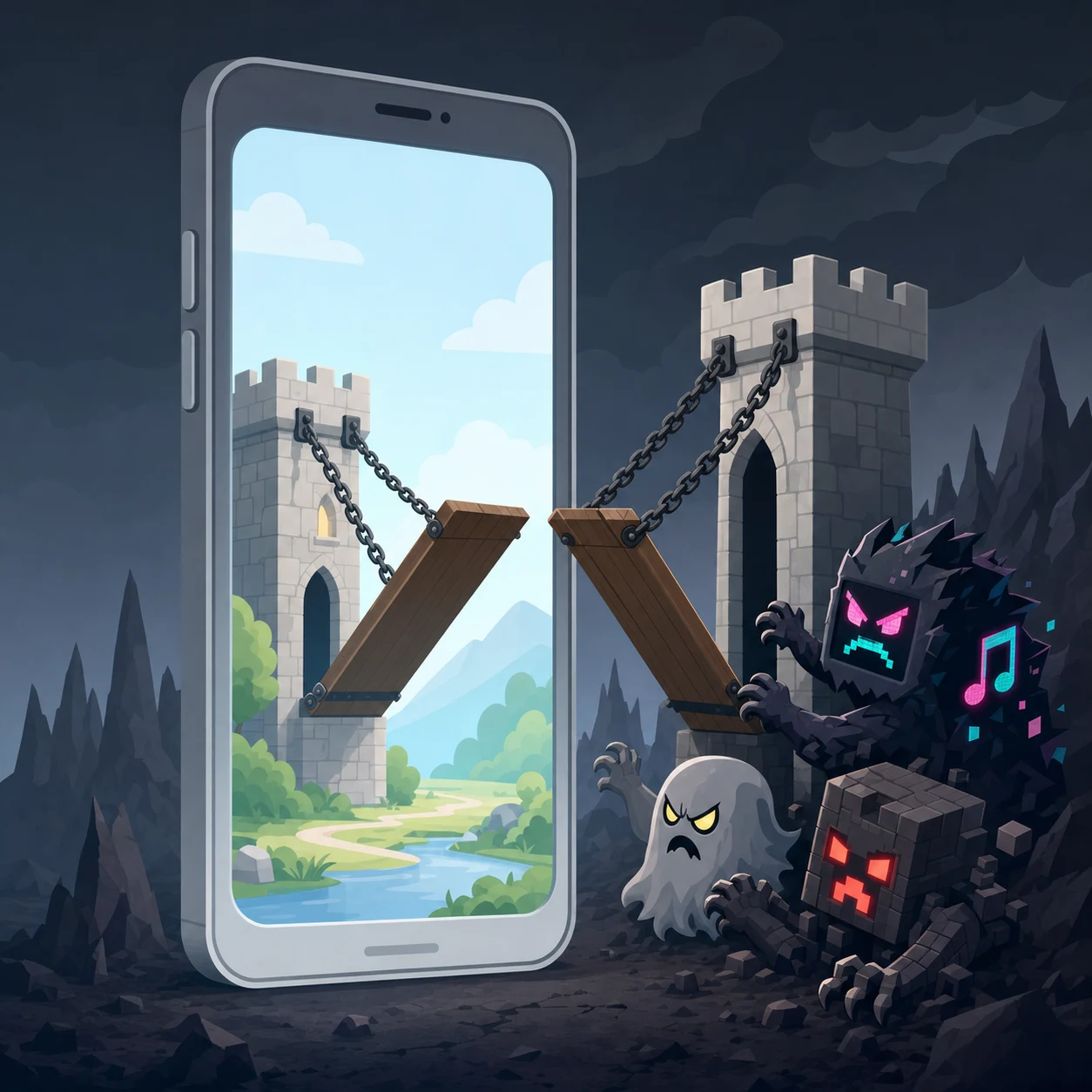 A phone with a raised drawbridge across its screen: a calm green landscape inside, dark creatures shut out behind it.